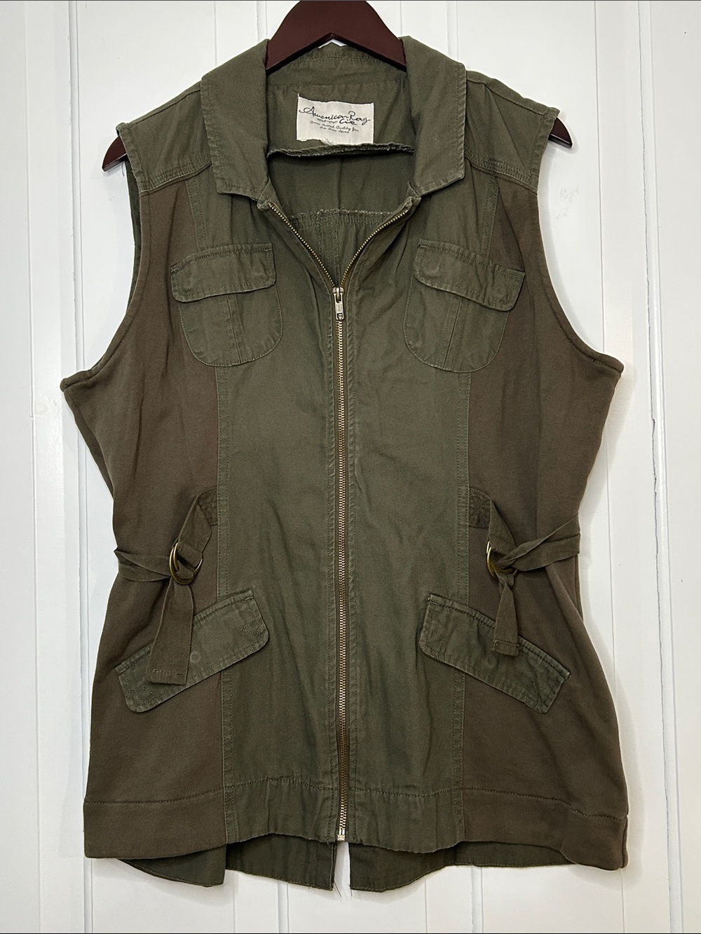 American Rag Olive Green stretchy Utility cargo Vest with Zip Front